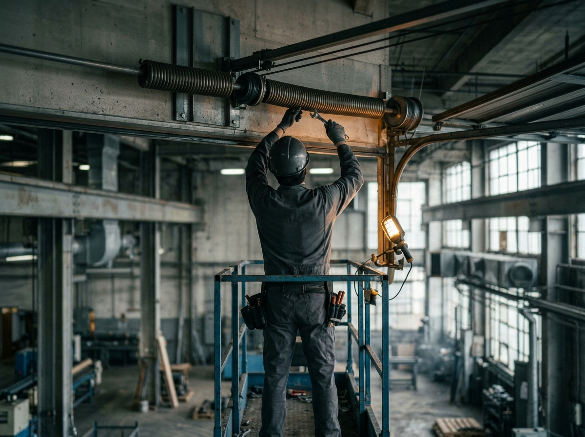 Szerelő emelvényen ipari kapu rugómechanizmusát ellenőrzi